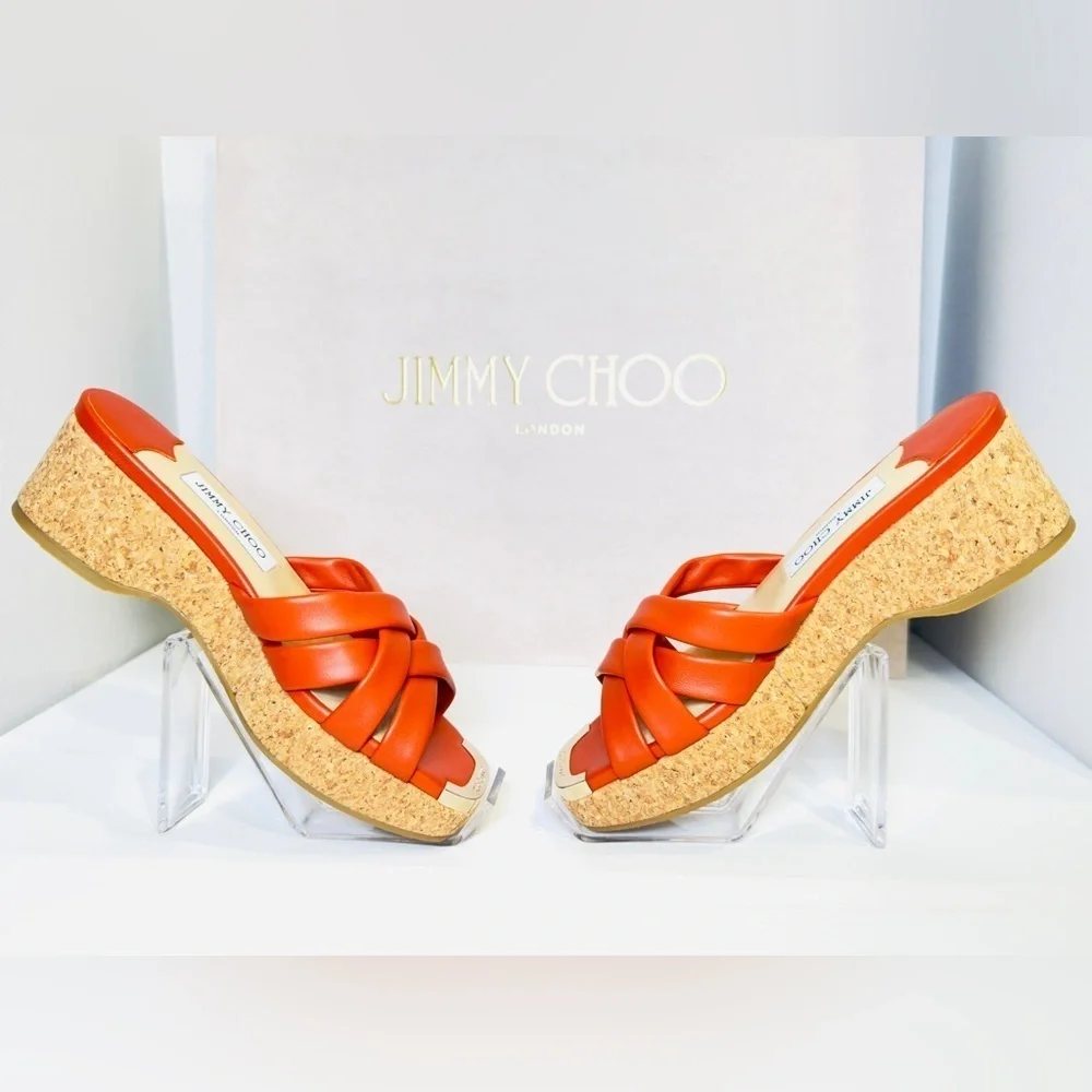 Jimmy Choo Maribou 50 Platform Wedge Slide Sandals Orange Napa Leather Size 38